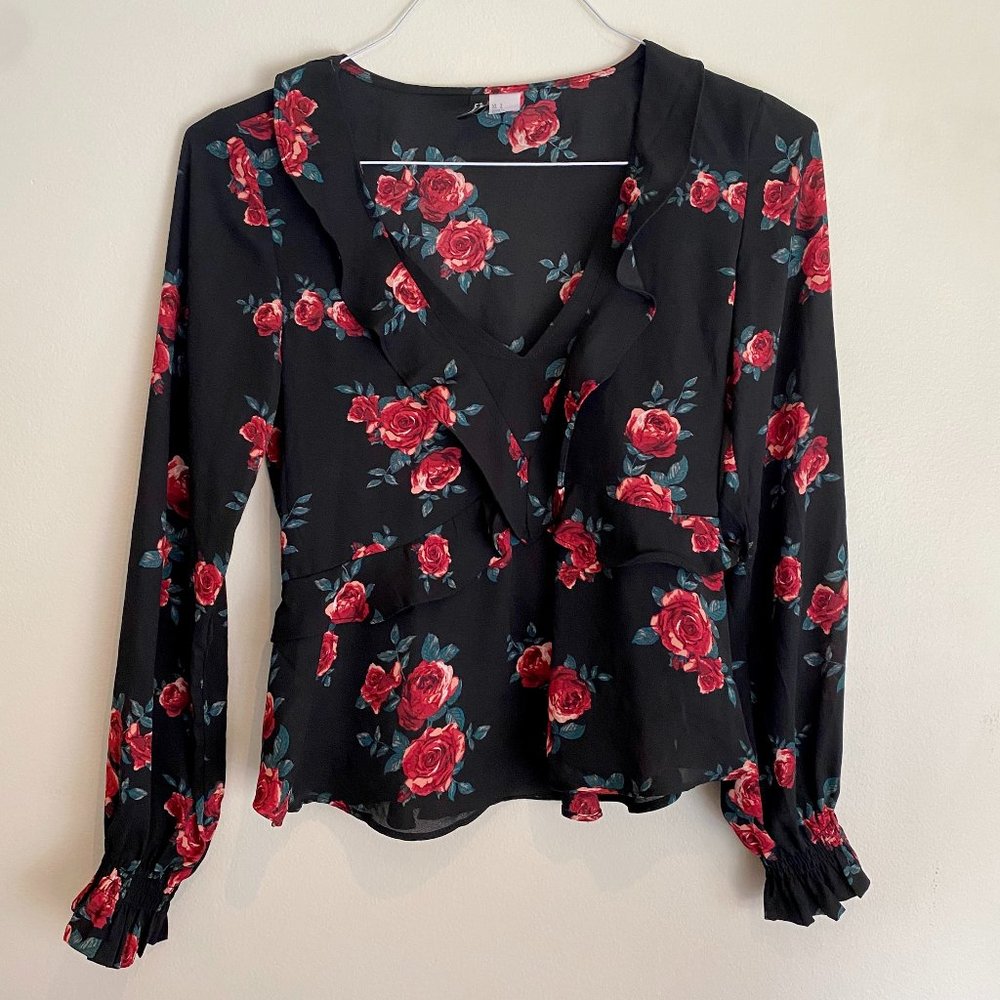 H&M floral cinched waist sheer long sleeve blouse